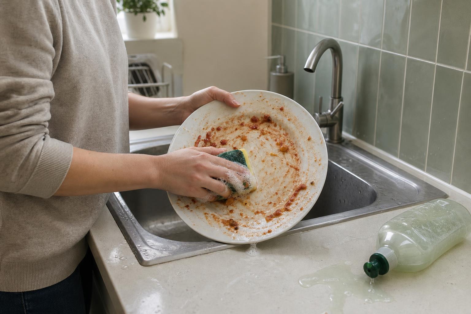 ANTES: plato sucio fregado con estropajo